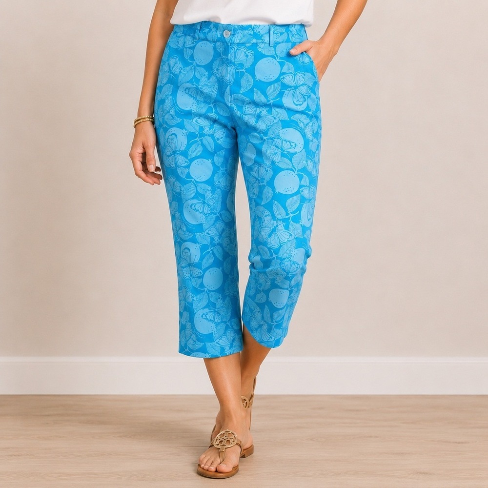 Lilly Pulitzer Womens Turquoise Blue Butterfly Citrus‎ Fruit Cropped Pants Sz 10